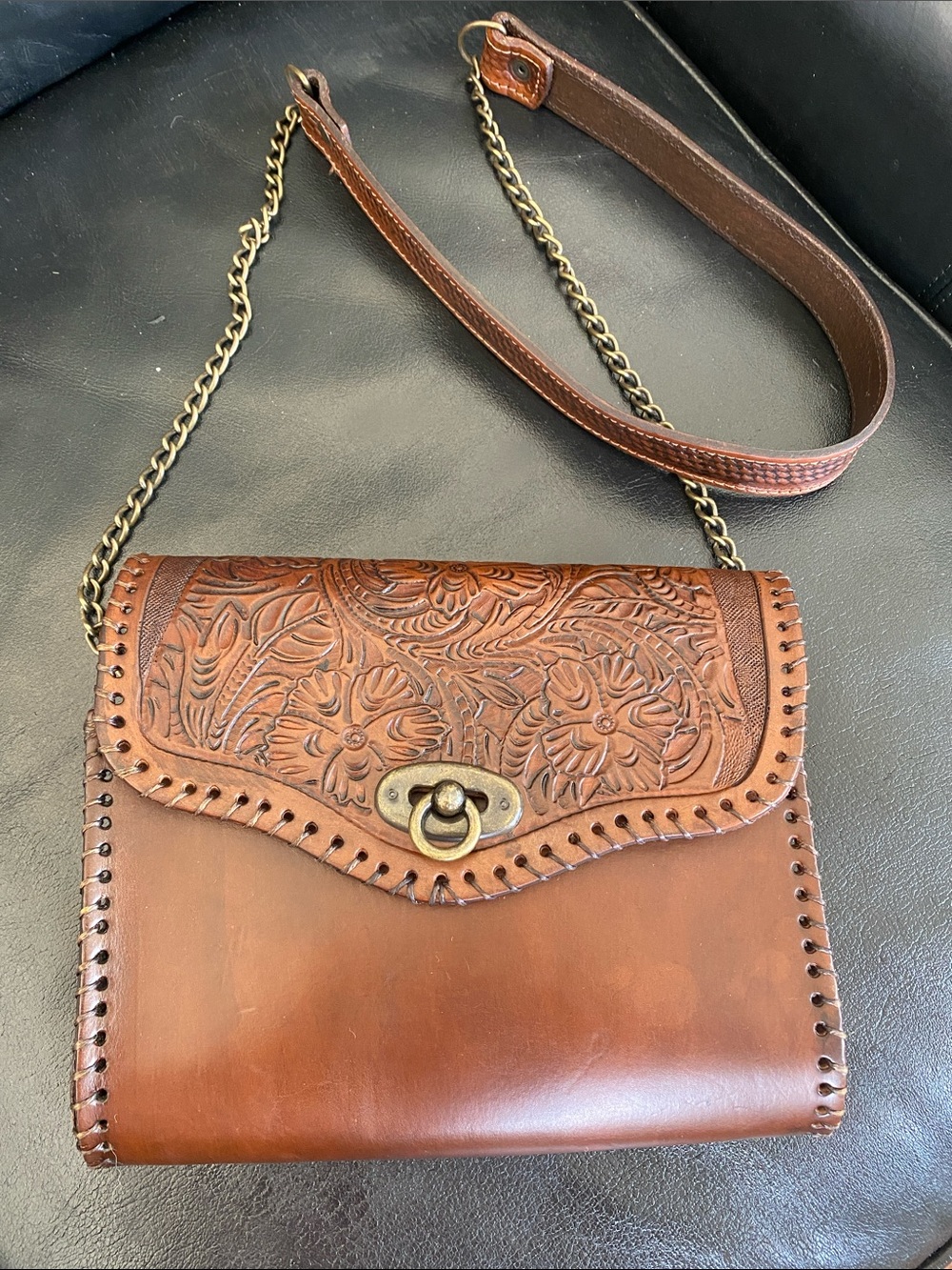 Hand-Tooled Floral Leather Crossbody Bag — Brown